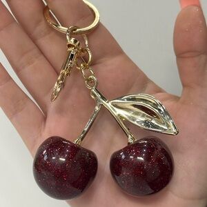 Gold Cherry Keychain with Glittery Dark Red Cherries